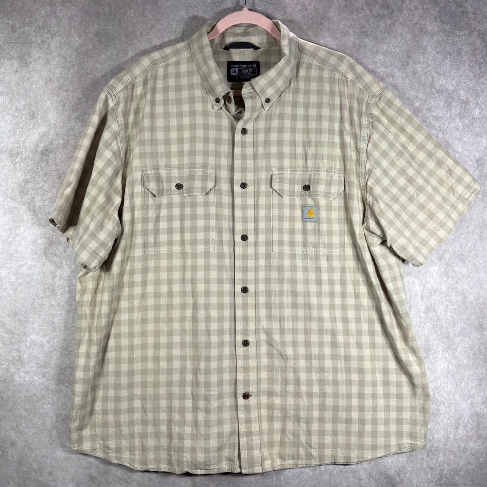 Carhartt Shirt Mens 2XL Tan Gingham Loose‎ Fit Short Sleeve Button Down Casual